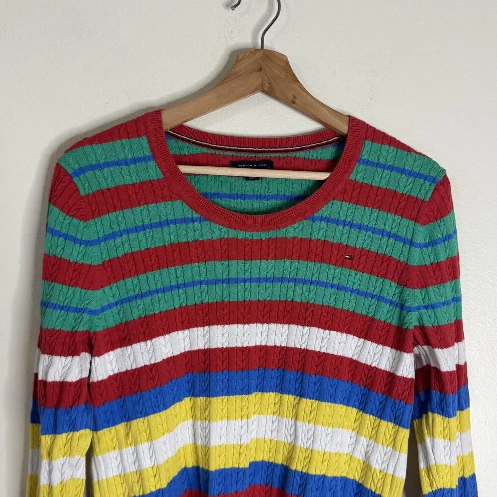 Tommy Hilfiger Sweater Womens Large Multicolor Striped Cable Knit Pullover Crew - Picture 3 of 9